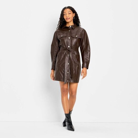 Future Collective Dresses & Skirts - Future Collective - Women's Long Sleeve Faux Leather Mini Shirtdress - Brown